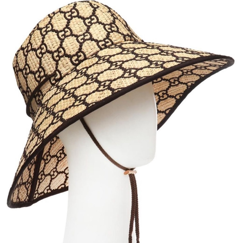 RARE Gucci GG Embroidered Monogram Wide Brim Raffia Hat